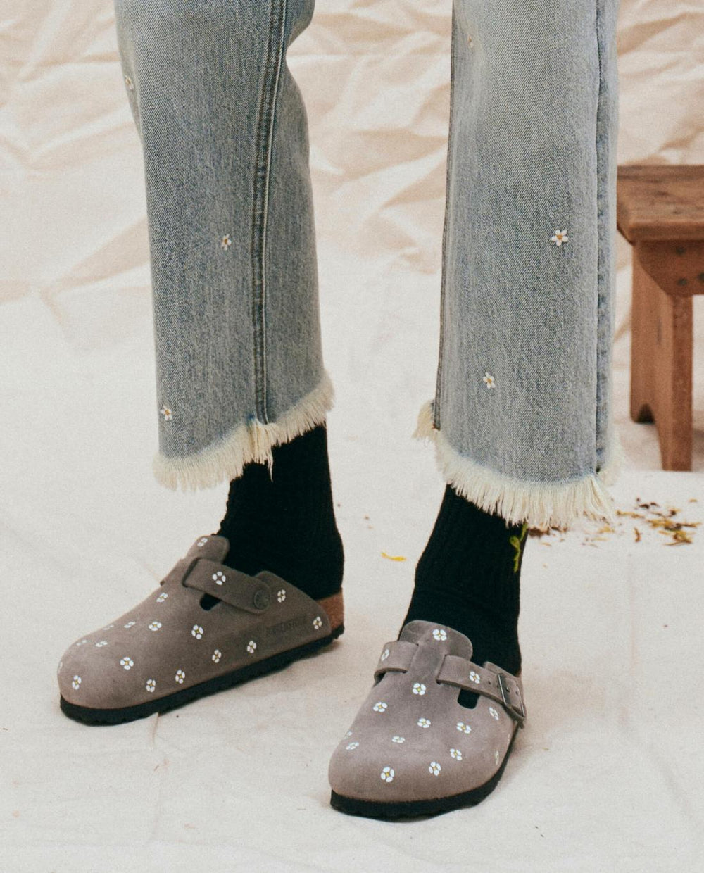 Shoes | Women The Great. BIRKENSTOCK Boston With Hand Painted Tooled Daisy. Iron Oiled Leath