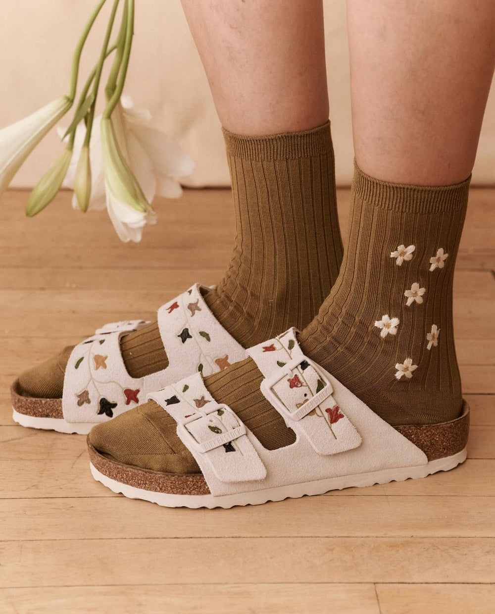 Shoes | Women The Great. The BIRKENSTOCK Arizona With Hand Painted Tooled Tulip. Antique Whi