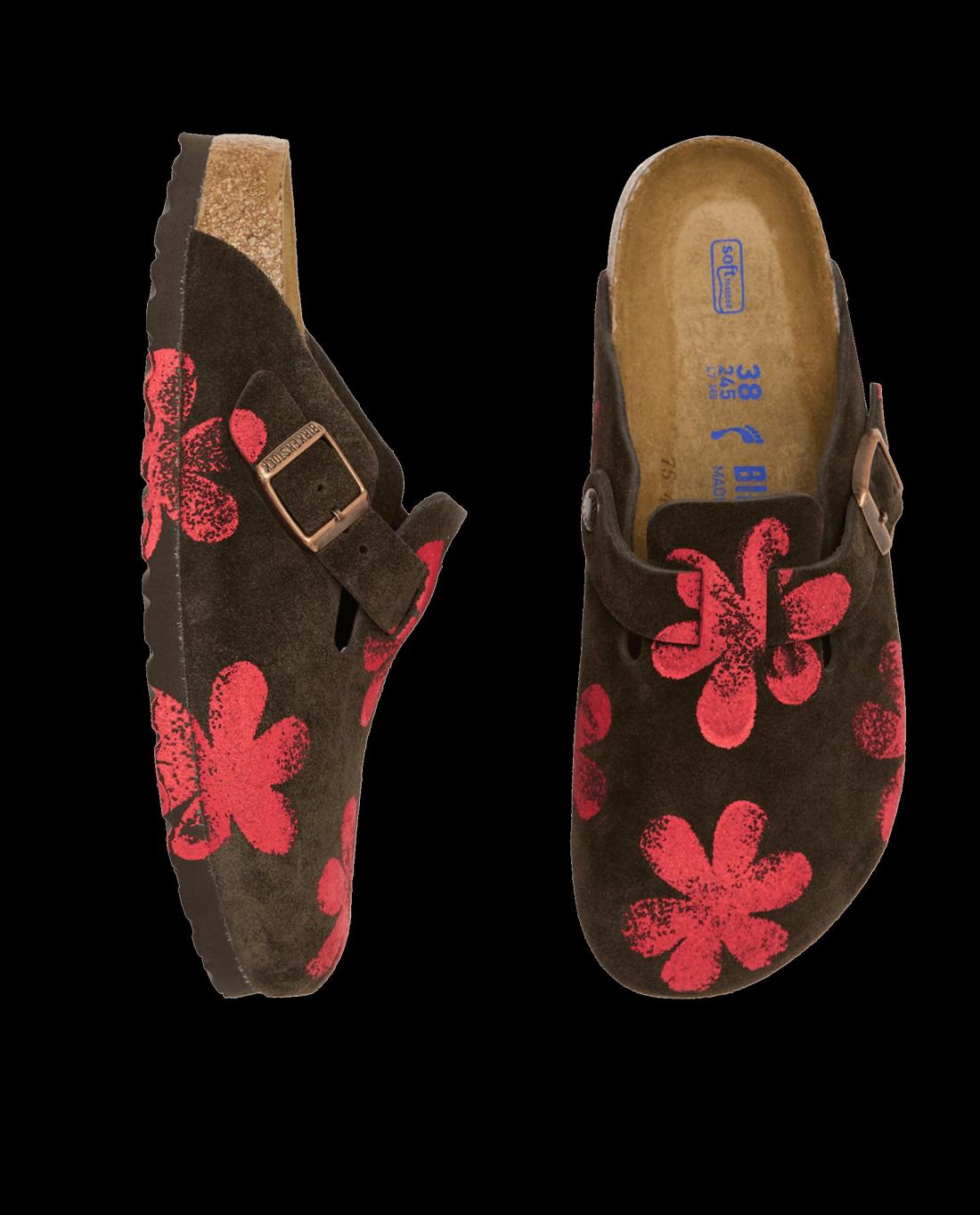 Shoes | Women The Great. The Hand Stamped BIRKENSTOCK Boston. Mocha With Hot Red Daisy