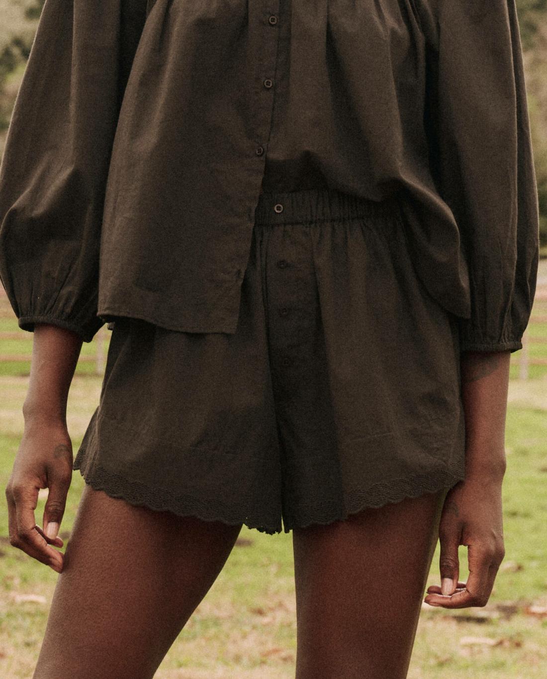 Sleep Bottoms | Women The Great. The Eyelet Tap Short. Black