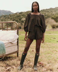 Sleep Bottoms | Women The Great. The Eyelet Tap Short. Black