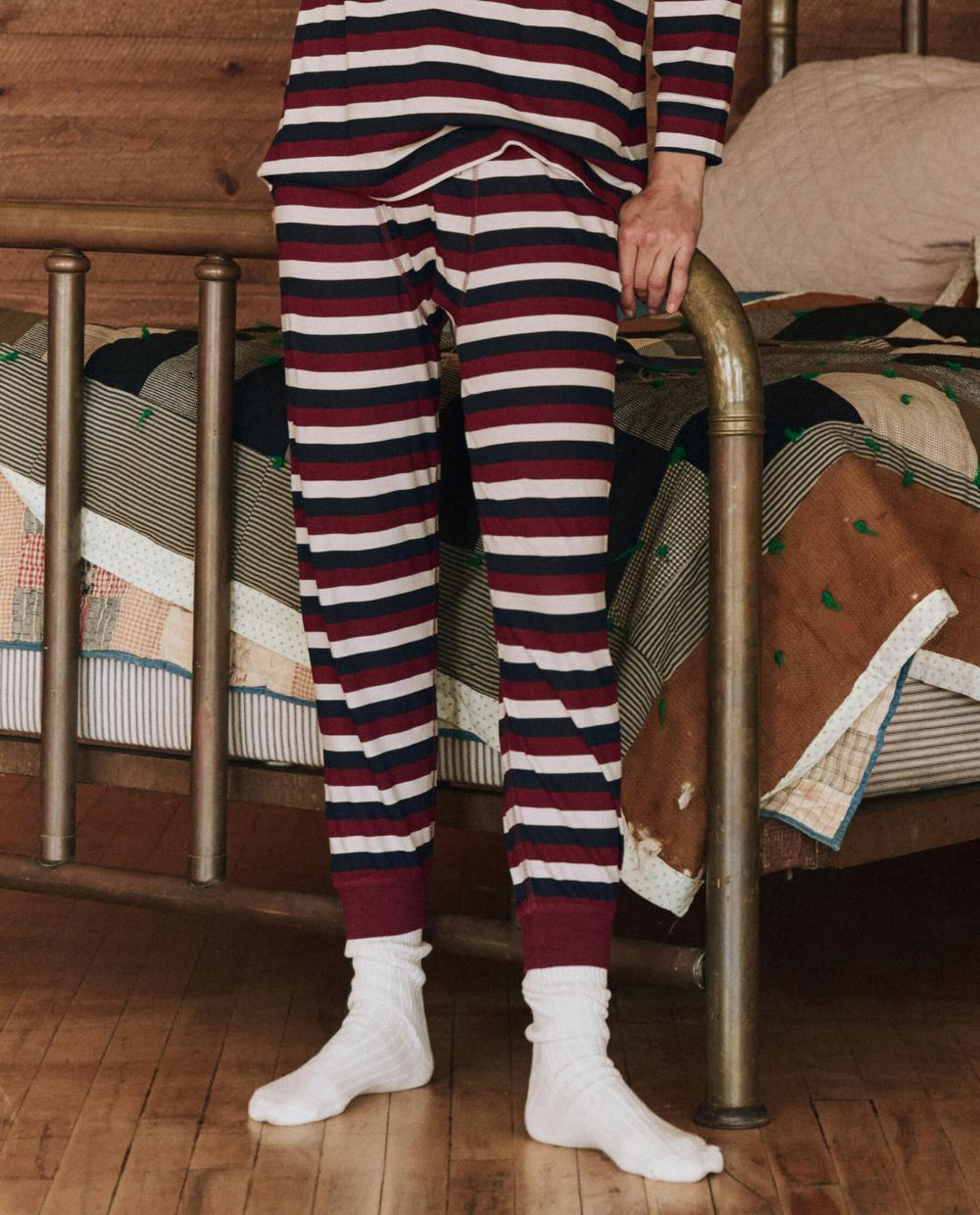 Sleep Bottoms | Women The Great. The Long John. Bordeaux Stripe
