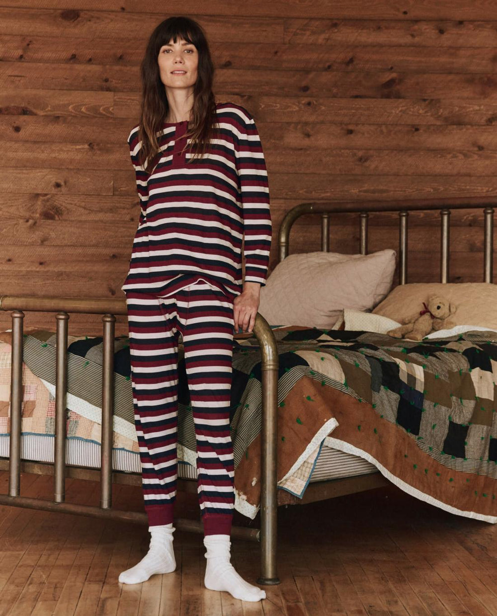 Sleep Bottoms | Women The Great. The Long John. Bordeaux Stripe
