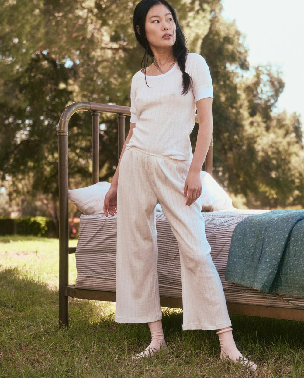 Sleep Bottoms | Women The Great. The Pointelle Easy Button Sleep Pant. White