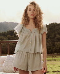 Sleep Bottoms | Women The Great. The Smocked Sleep Short. Blue Star Print