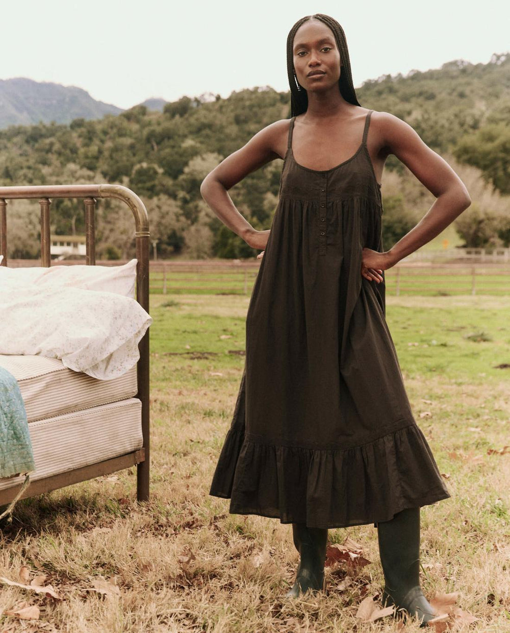 Sleep Dresses | Women The Great. The Eyelet Ruffle Tank Night Dress. Black