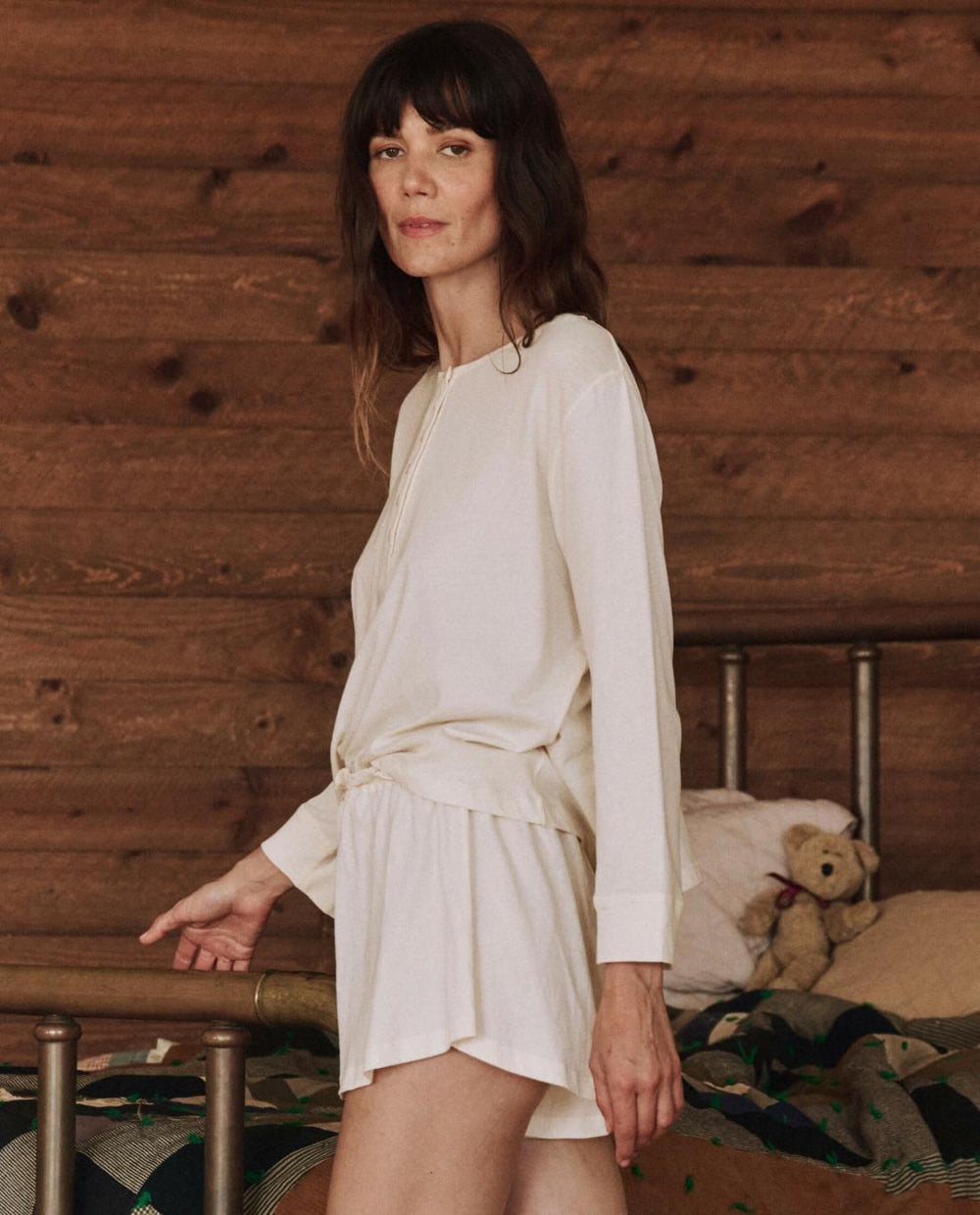 Sleep Tops | Women The Great. The Crop Sleep Henley. Washed White