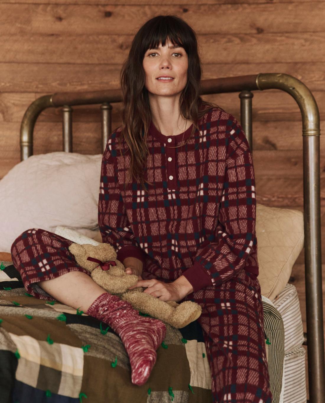 Sleep Tops | Women The Great. The Plush Fleece Henley Sleep Sweatshirt. Fireside Plaid