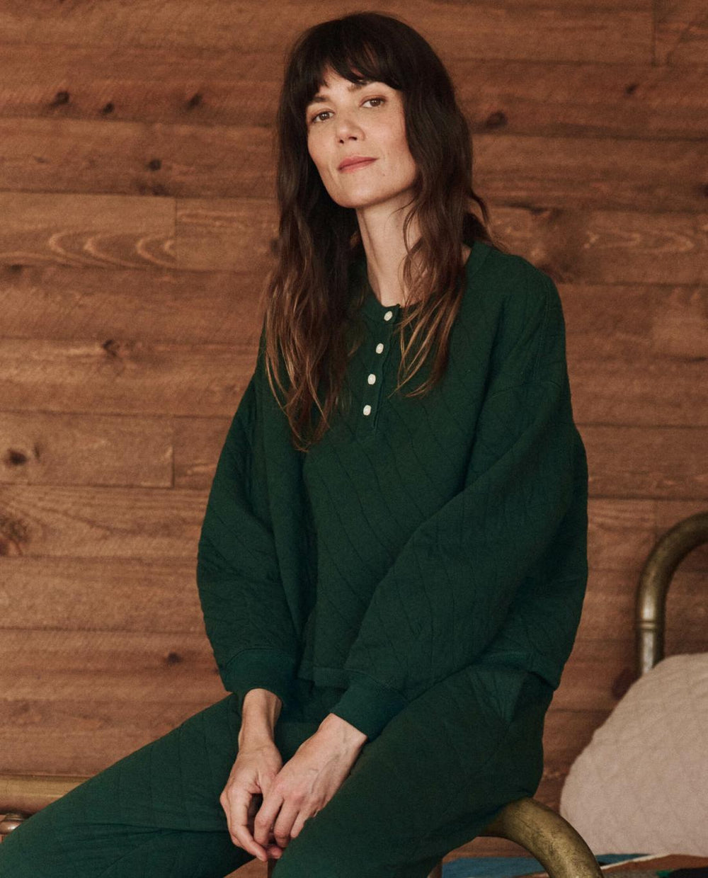 Sleep Tops | Women The Great. The Quilted Henley Sleep Sweatshirt. Pine