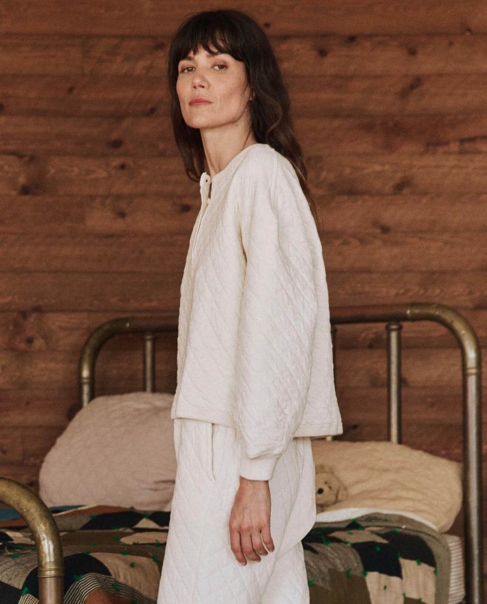 Sleep Tops | Women The Great. The Quilted Henley Sleep Sweatshirt. Washed White