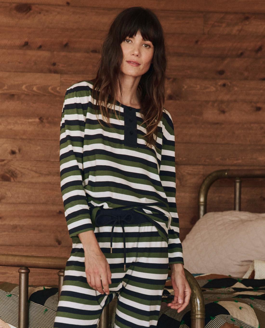 Sleep Tops | Women The Great. The Sleep Henley. Winter Pine Stripe