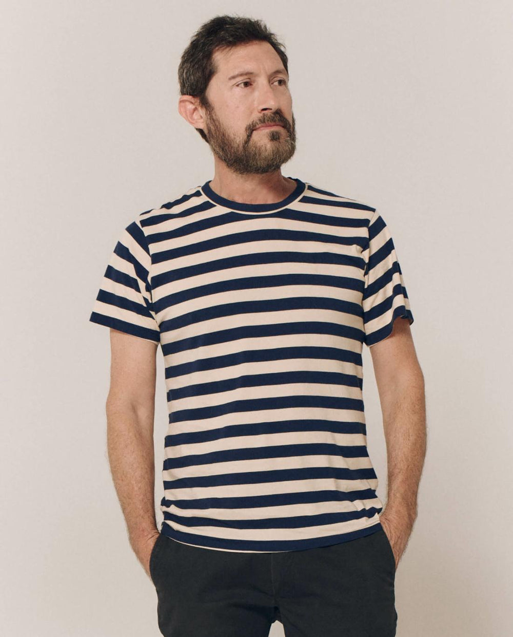 Tees &amp; Sweats | Men The Great. The Men's Slim Tee. Navy And Cream Scholar Stripe