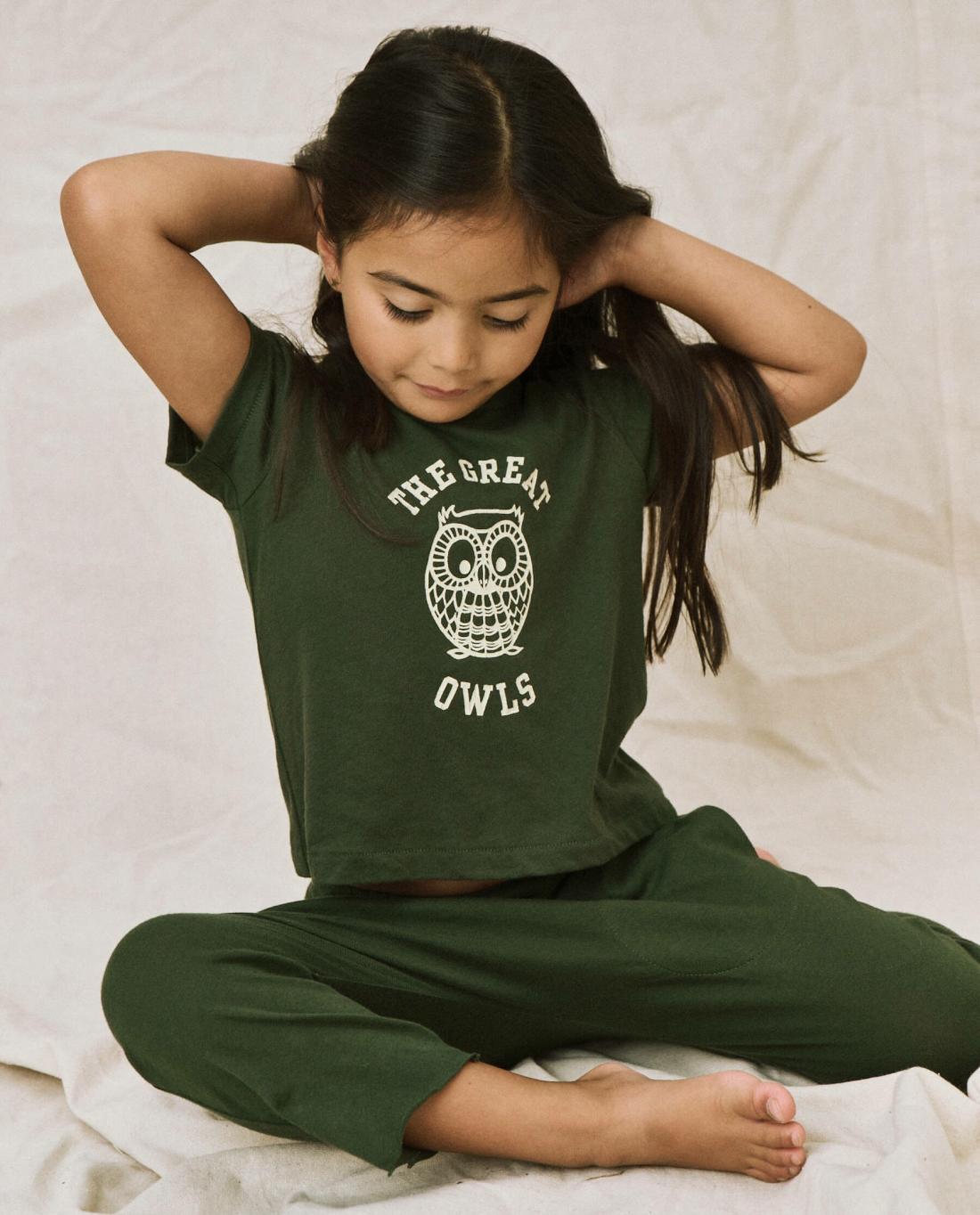 Tees &amp; Sweats | Kids The Great. The Little Boxy Crew. Graphic Dark Forest With Owl Graphic