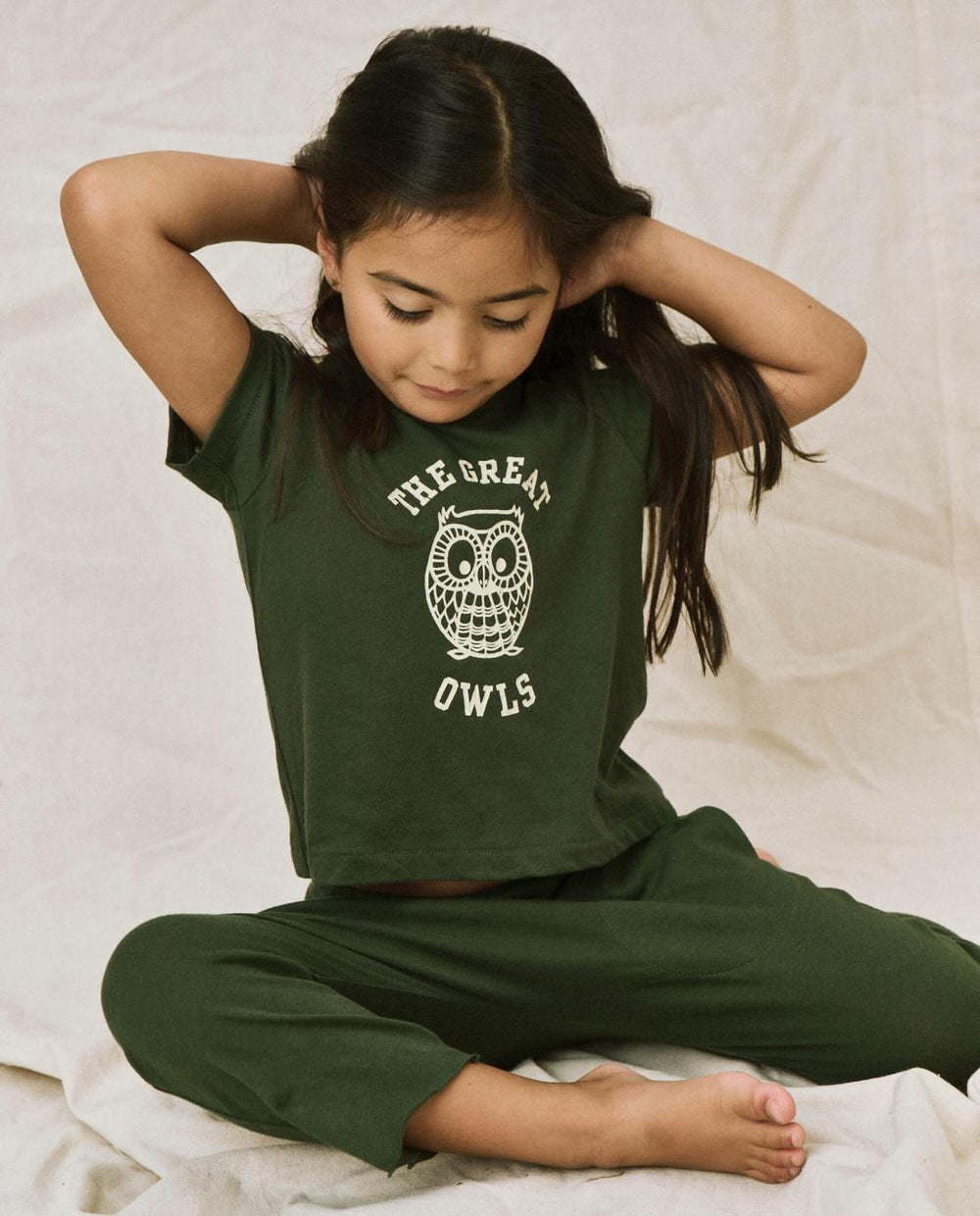 Tees &amp; Sweats | Kids The Great. The Little Boxy Crew. Graphic Dark Forest With Owl Graphic