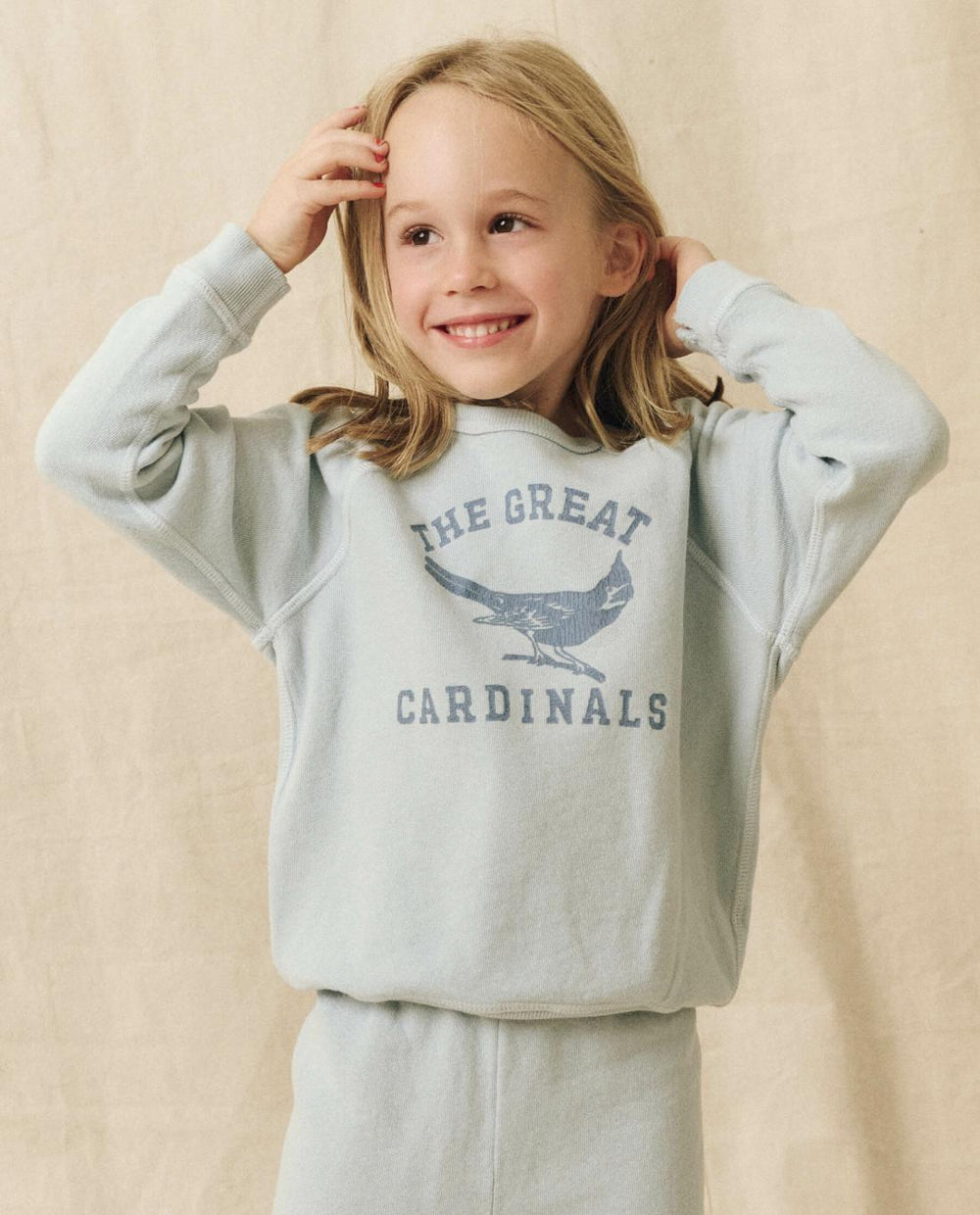 Tees &amp; Sweats | Kids The Great. The Little College Sweatshirt. Graphic Light Sky With Perched Cardi