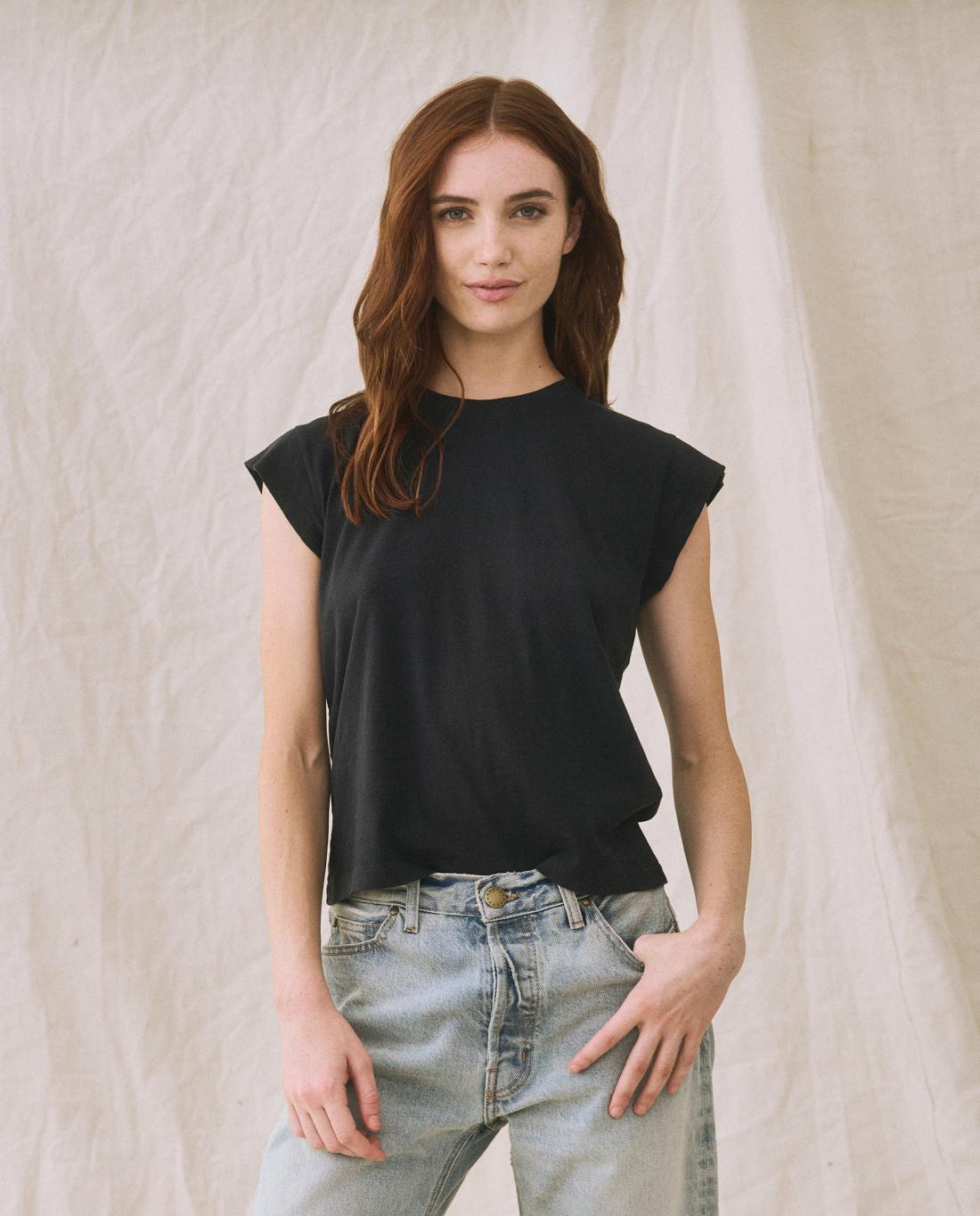 Tees | Women The Great. The Peak Shoulder Tee. Almost Black