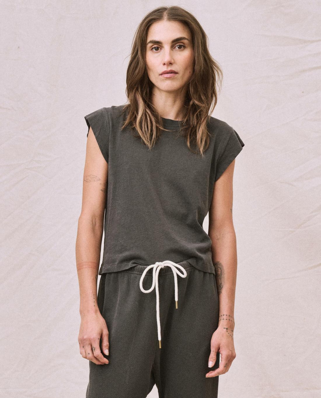 Tees | Women The Great. The Peak Shoulder Tee. Washed Black